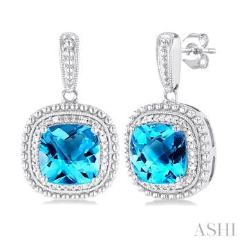 Sterling Silver Blue Topaz Drop Earrings with Cushion and Round Shape Gemstones
