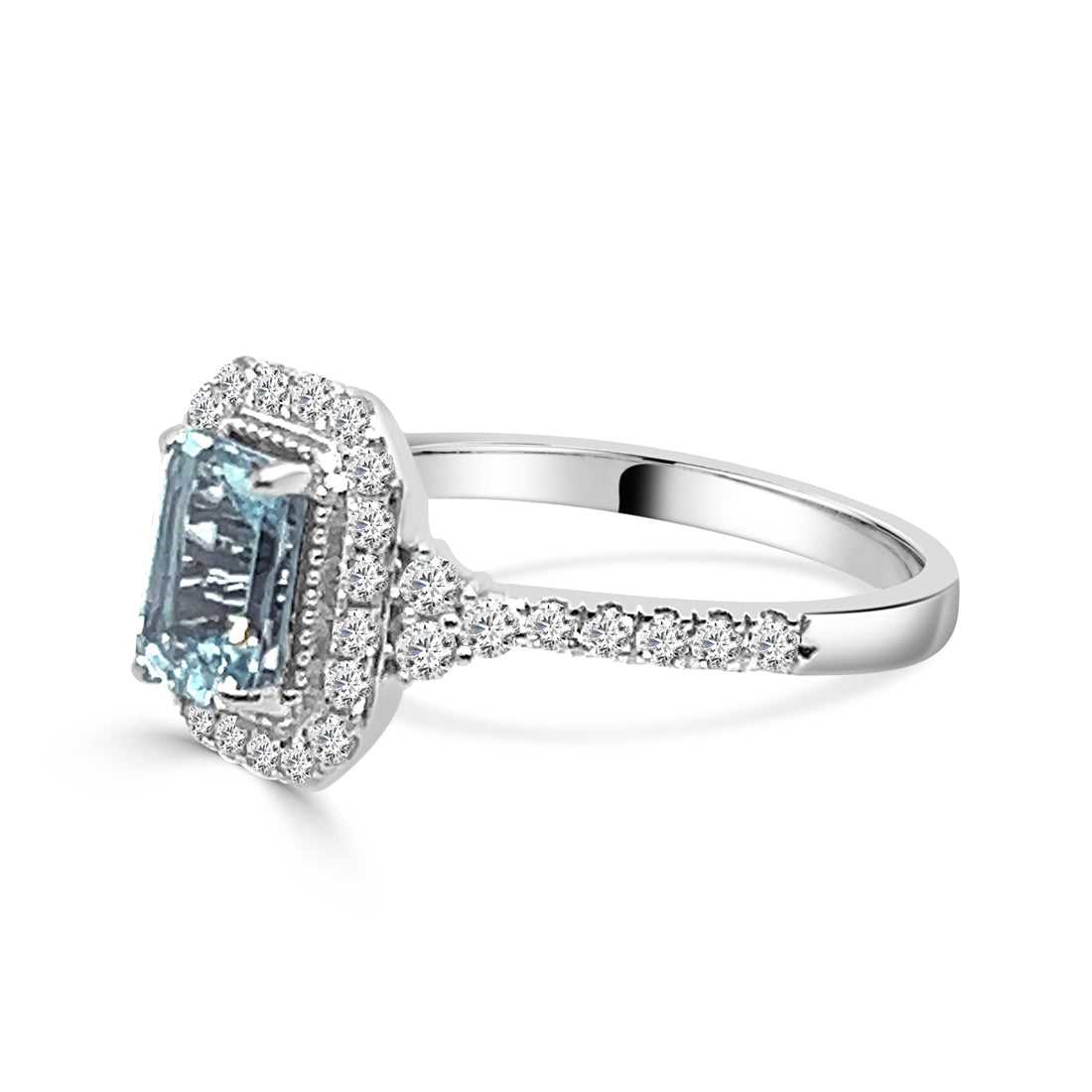 Emerald-Shaped Aquamarine and Diamond Halo Ring in 14K Yellow Gold (0.86 ct)