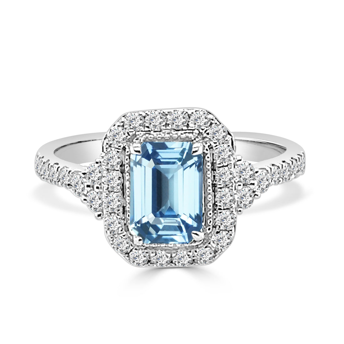 Emerald-Shaped Aquamarine and Diamond Halo Ring in 14K Yellow Gold (0.86 ct)