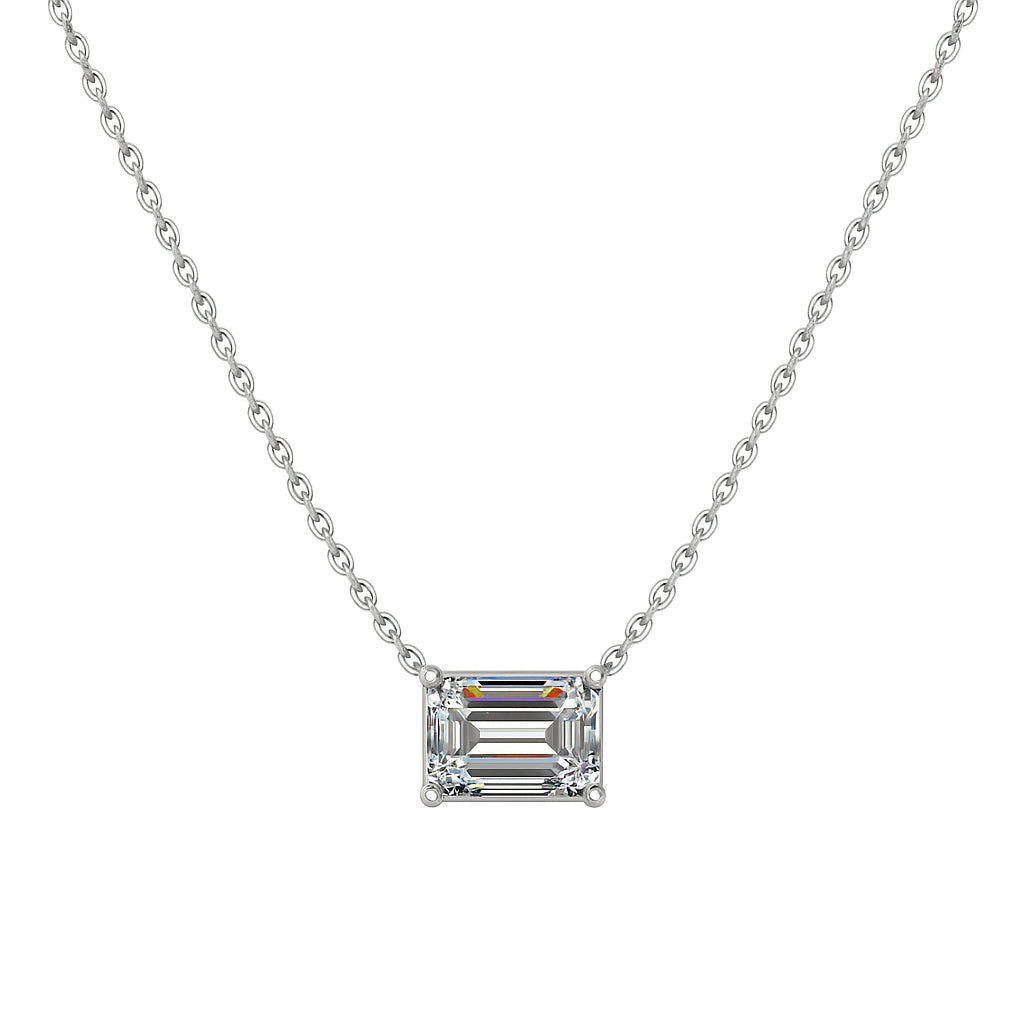 Christmas Sparkle: 14K White Gold East to West Stationary Solitaire Necklace with Lab Diamond, Emerald Shape 1.03 carats