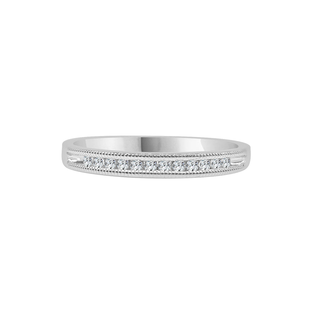 Sure, how about: 10K White Gold Channel Set Wedding Band with 0.10 ct Natural Diamond
