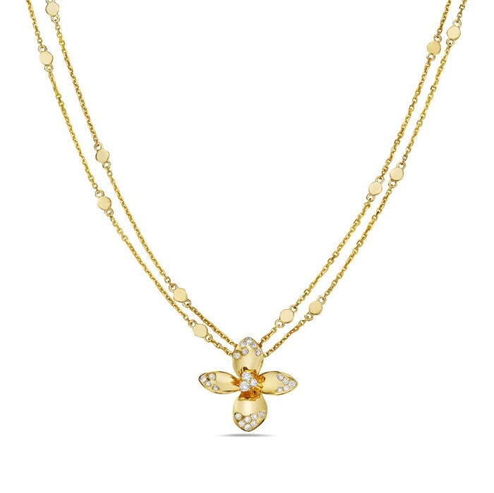 14K Yellow Gold Floral Double Chain Necklace with Natural Diamond Round Shape 0.26 ct