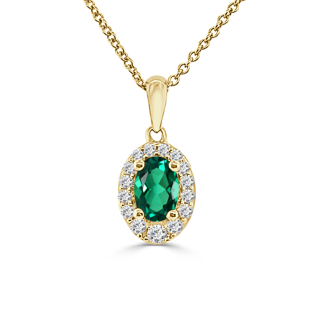 14 Karat Yellow Gold Oval Shape Diamond Halo Emerald Necklace