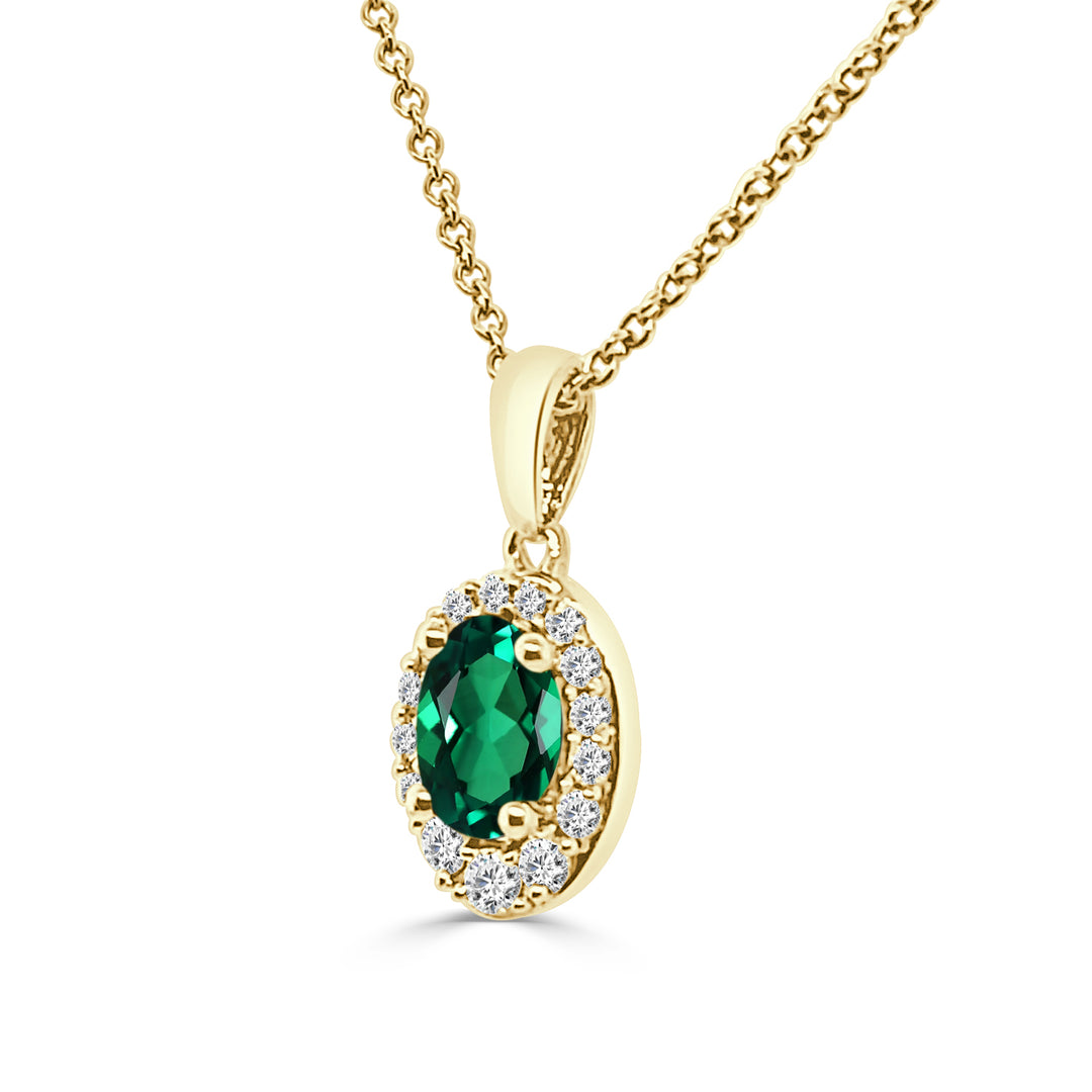 14 Karat Yellow Gold Oval Shape Diamond Halo Emerald Necklace