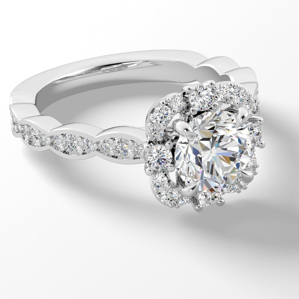 Platinum Round Shape Unique Halo Engagement Mounting with Scalloped Band - 1.50 Carat Cubic Zirconia