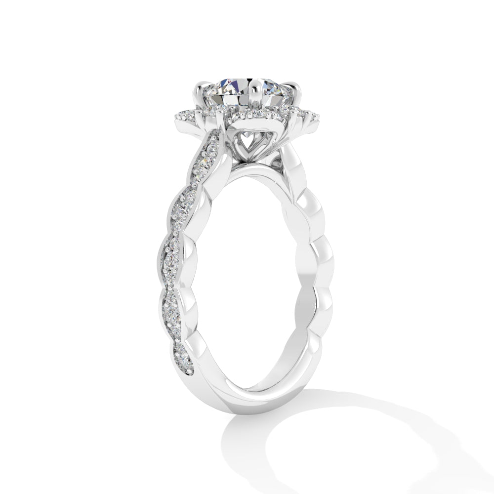 Platinum Round Shape Unique Halo Engagement Mounting with Scalloped Band - 1.50 Carat Cubic Zirconia