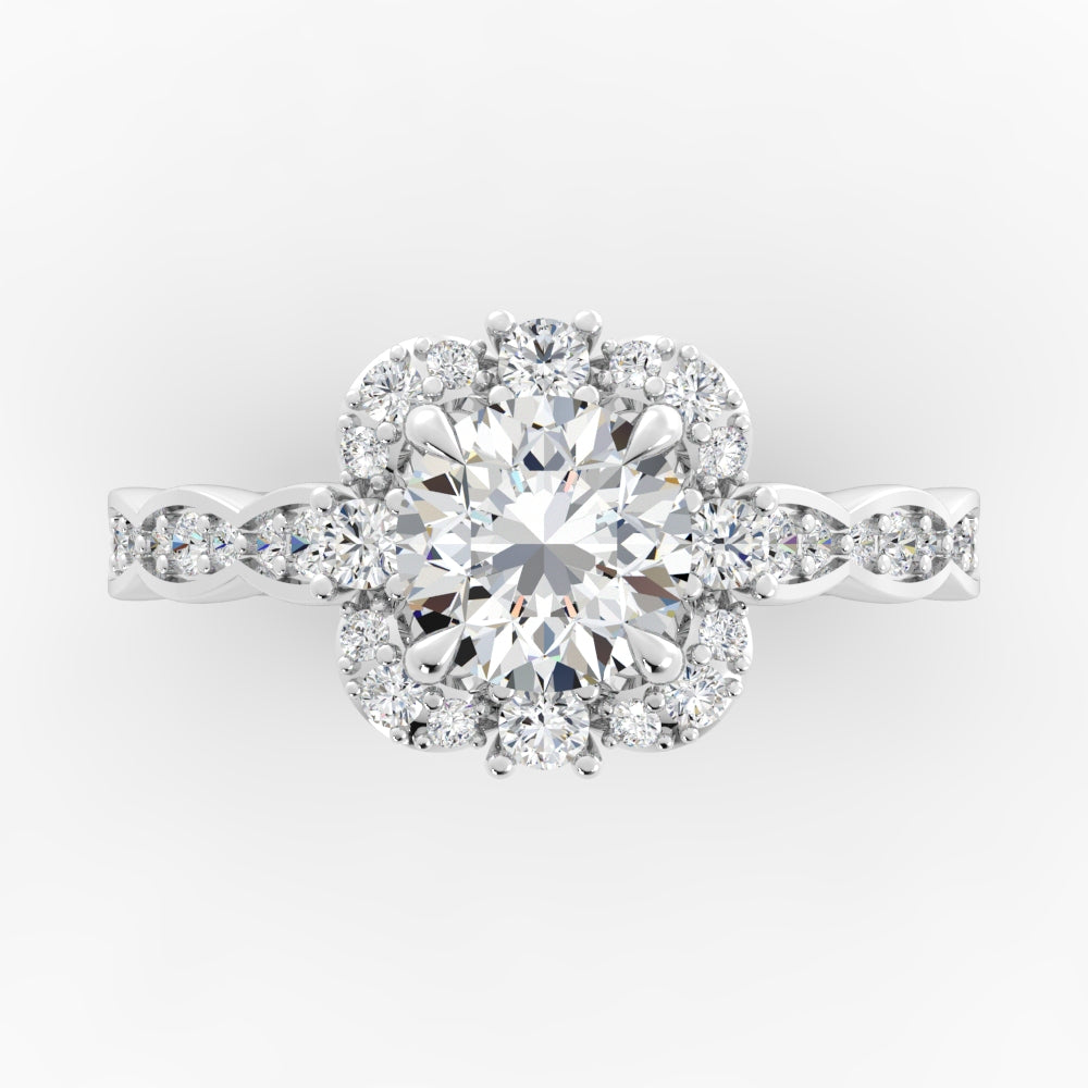 Platinum Round Shape Unique Halo Engagement Mounting with Scalloped Band - 1.50 Carat Cubic Zirconia