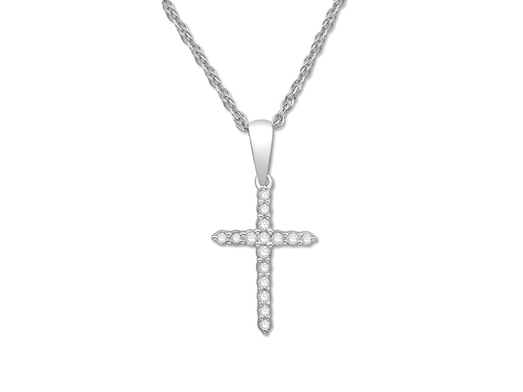 Small Religious 14K White Gold Necklace with 0.10 ct Natural Diamond