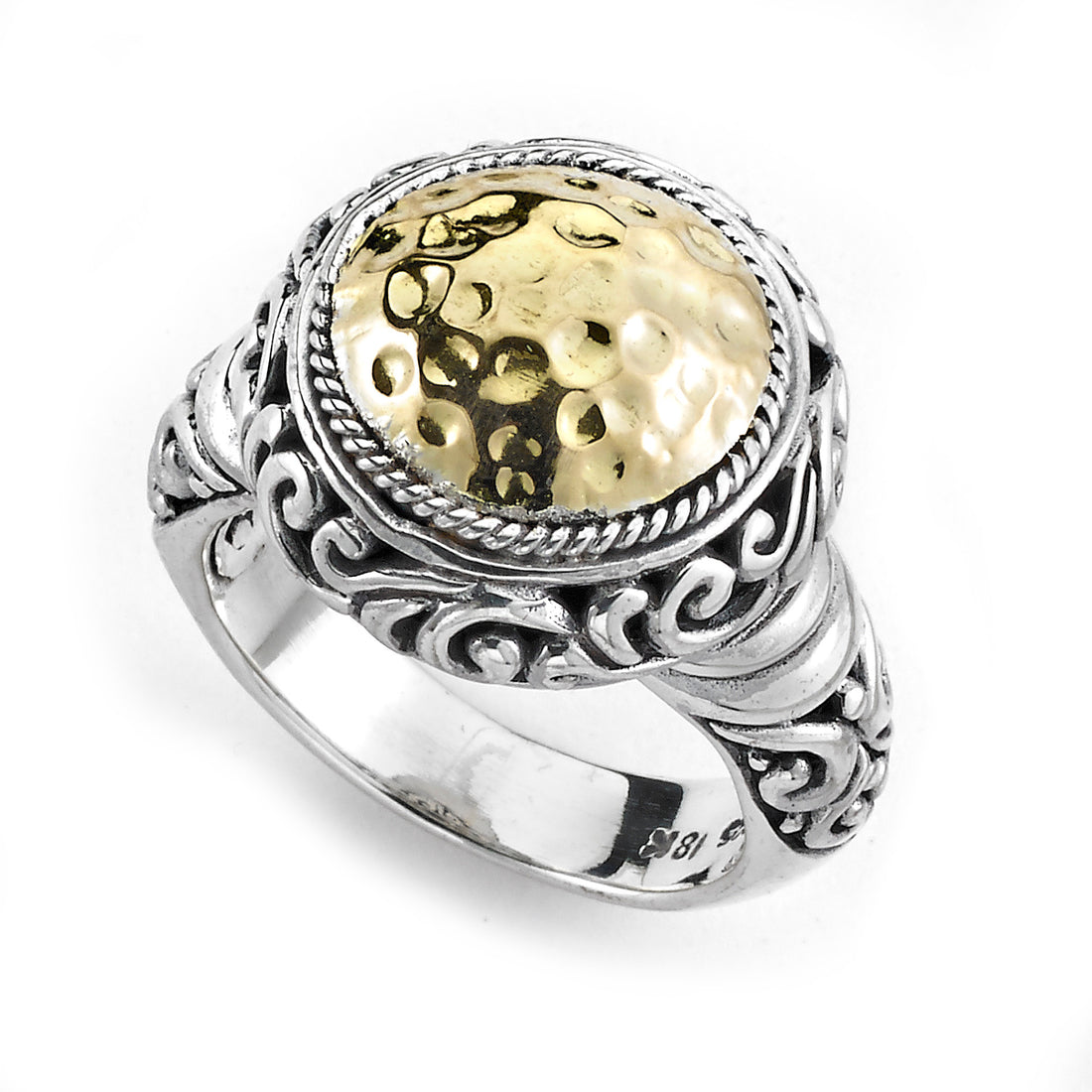 18K Yellow Gold and Sterling Silver Round Hammered Ring