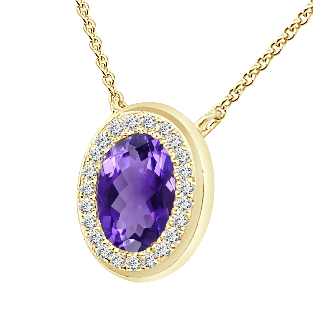 Brushed Oval Halo Amethyst Necklace in 14 Karat Yellow Gold