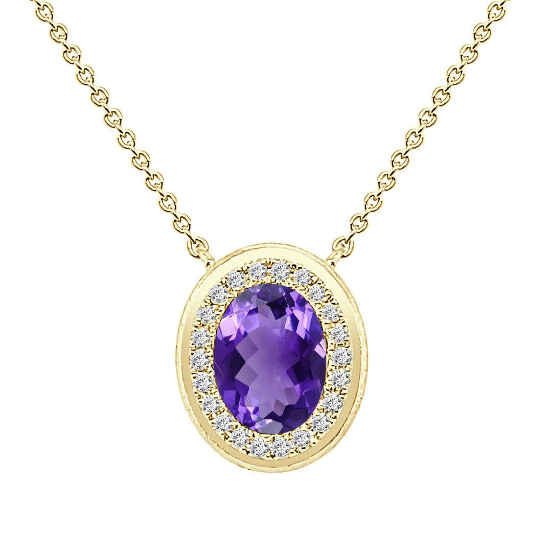 Brushed Oval Halo Amethyst Necklace in 14 Karat Yellow Gold