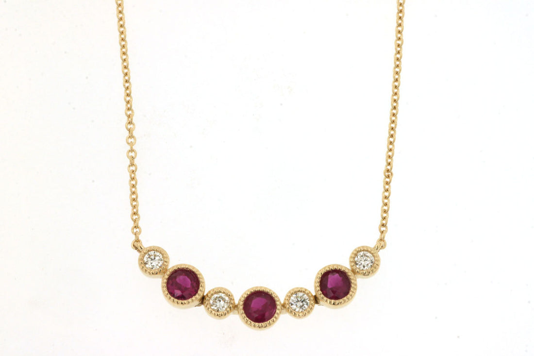 14K Yellow Gold Necklace with Ruby and Diamond Stationary Curved Stacking Design