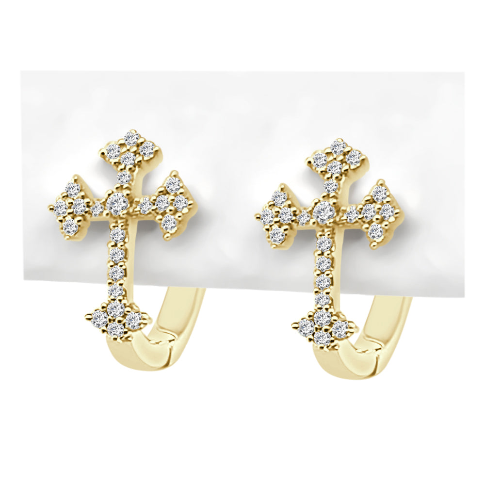 10K Yellow Gold Diamond Cross Hoop Earrings with 0.25 ct Natural Round Diamond