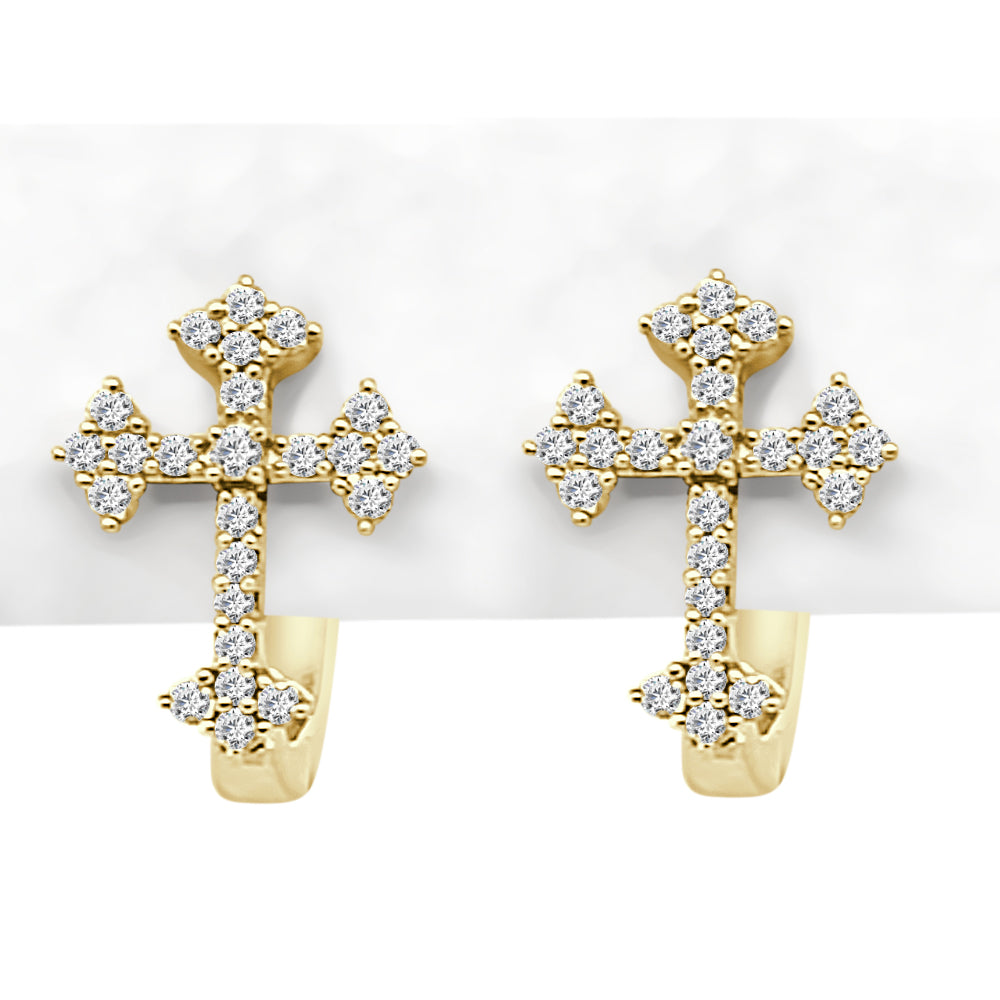 10K Yellow Gold Diamond Cross Hoop Earrings with 0.25 ct Natural Round Diamond