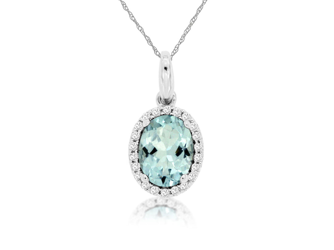 14 Karat White Gold Halo Cable Necklace with Oval Aquamarine Gemstone and Round Natural Diamond Accents
