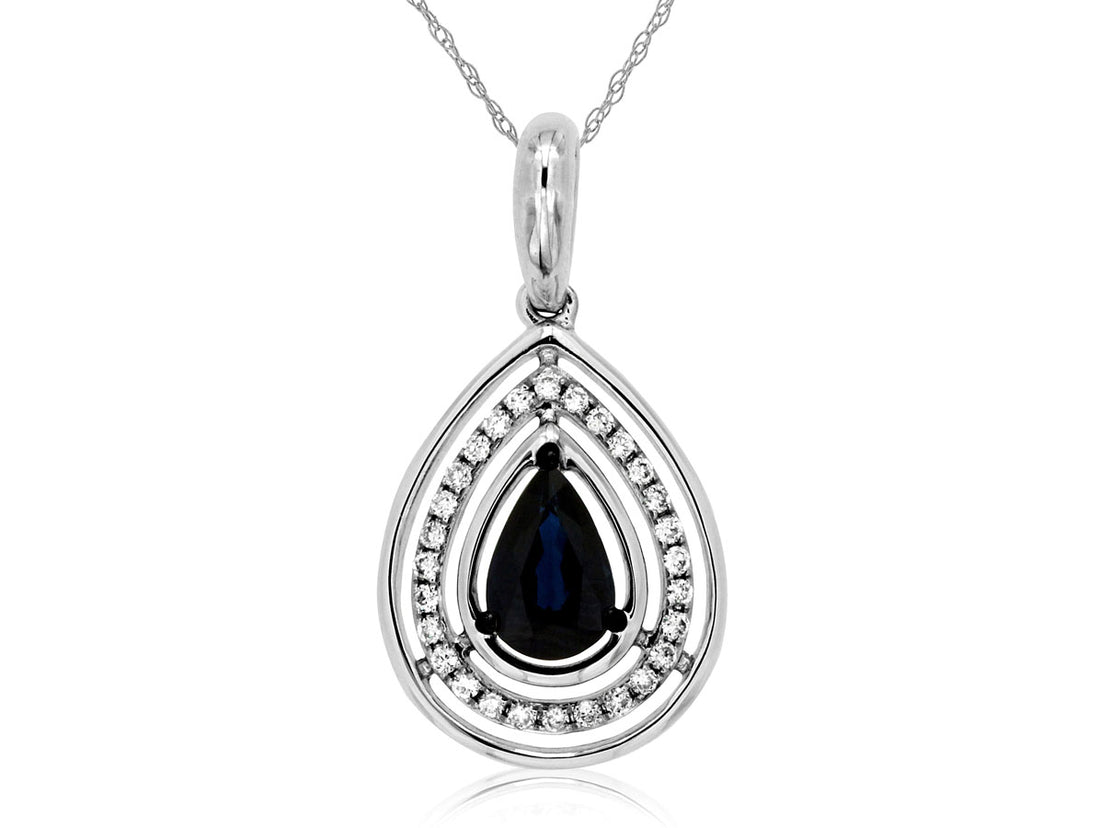Sure! How about 14 Karat White Gold Cable Necklace with Pear Shape Blue Sapphire and Round Natural Diamond?