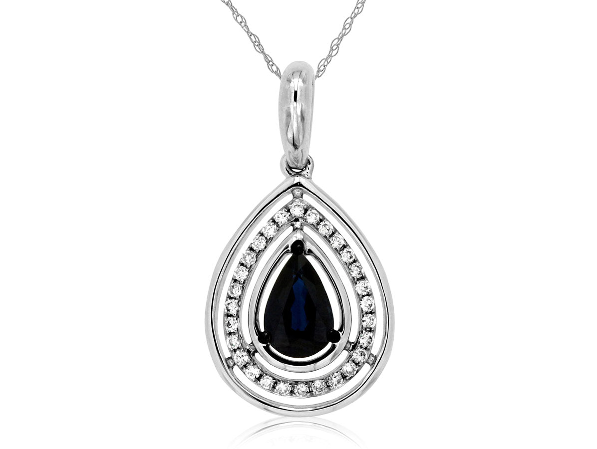 Sure! How about 14 Karat White Gold Cable Necklace with Pear Shape Blue Sapphire and Round Natural Diamond?