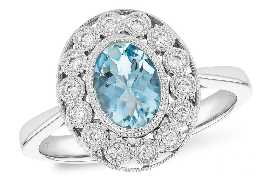 14K White Gold Oval Aquamarine Bezel Set Ring with Texture Detailing