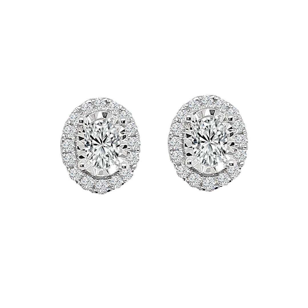 Oval Shape Illusion Set Ctr Halo Earrings in 14 Karat White Gold with Natural Diamonds