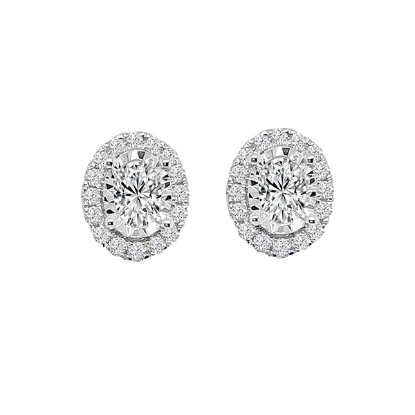 0.79 Oval Natural Diamond Illusion Set Halo Earrings in 14 Karat White Gold