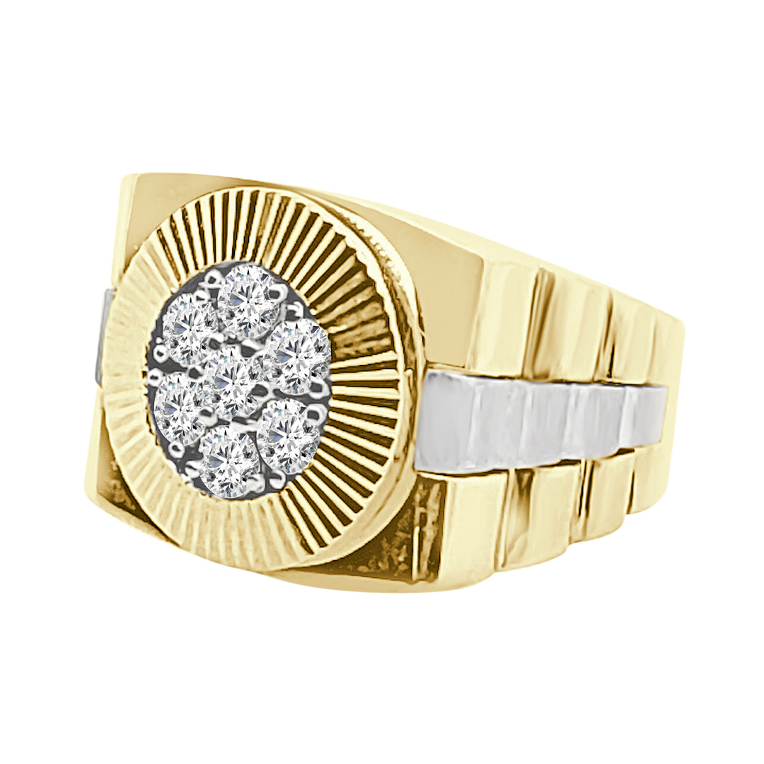 14 Karat Two-Tone Cluster Diamond Ring with 0.96 Carat Natural Diamonds and Watch Band Shank