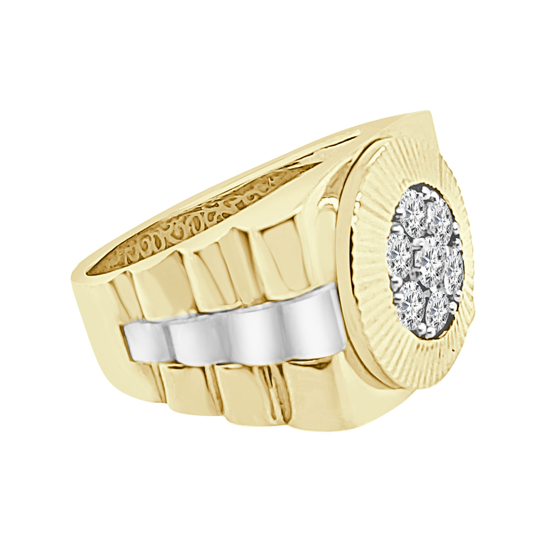 14 Karat Two-Tone Cluster Diamond Ring with 0.96 Carat Natural Diamonds and Watch Band Shank