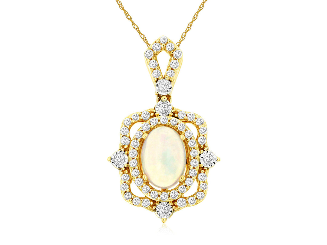 14K Yellow Gold Oval Opal and Diamond Pendant Necklace