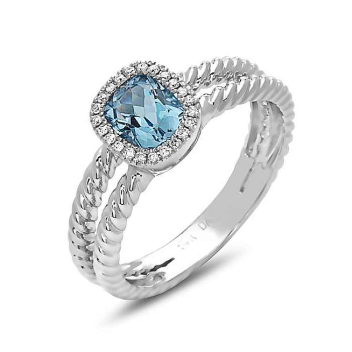 14 Karat Two-Tone Double Twist Band Cushion Halo Ring with Blue Topaz