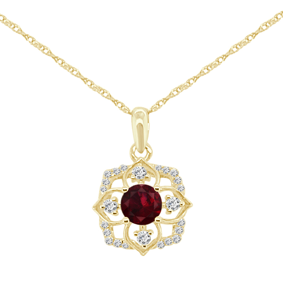 Garnet Round Floral Necklace in 14 Karat Yellow Gold