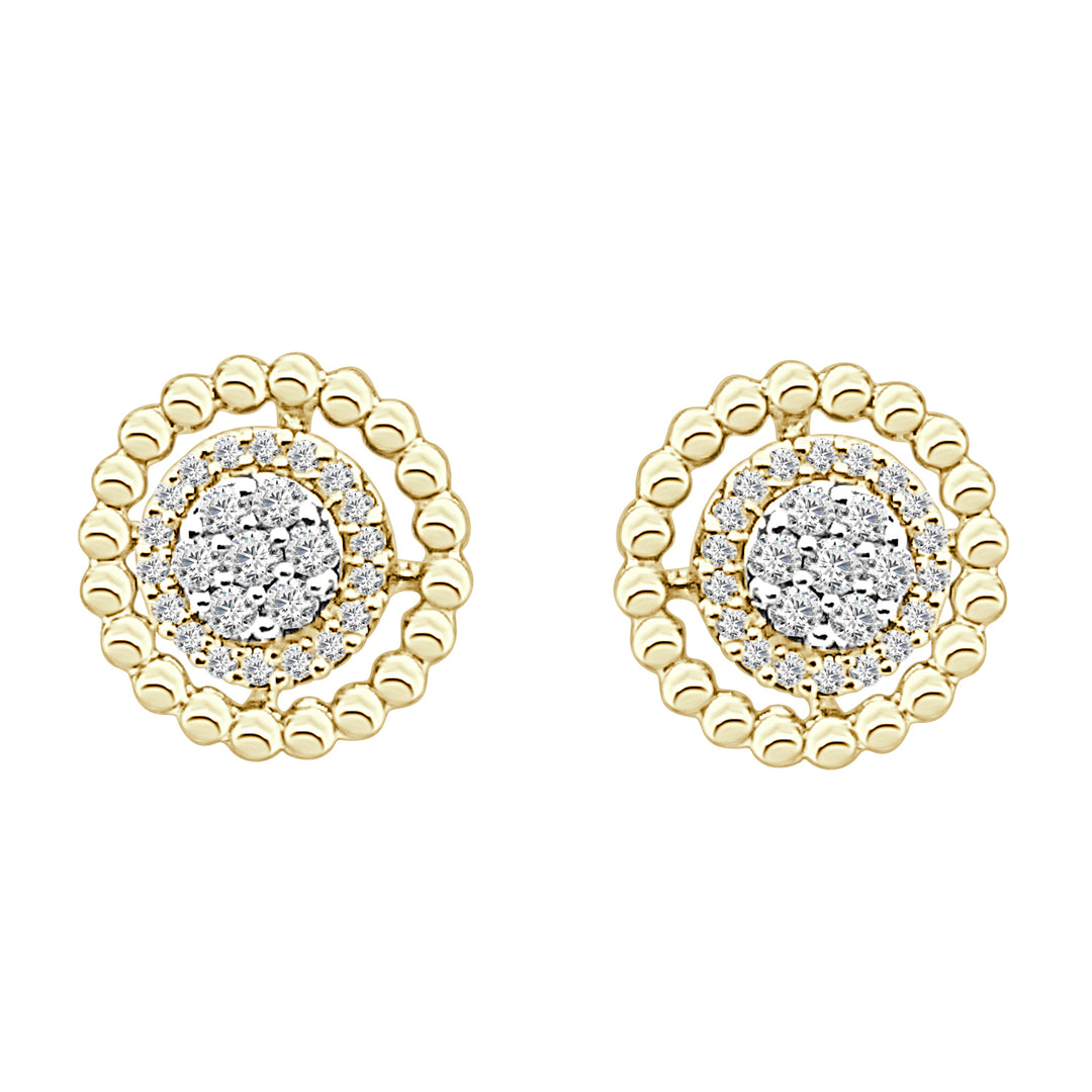 10 Karat Yellow Gold Earrings with Cluster Beaded Halo and Natural Diamond Accent