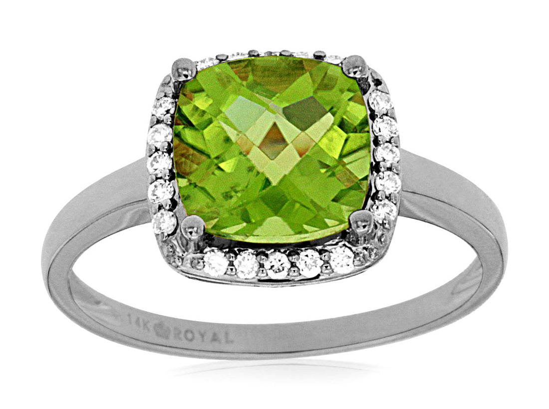 14 Karat White Gold Peridot and Diamond Cushion Shape Ring 2.10