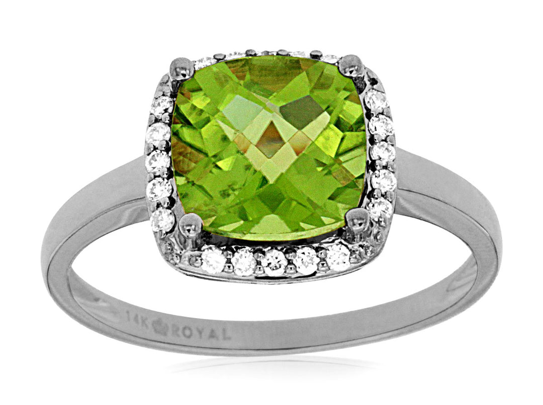 Cushion Cut Peridot and Diamond Ring in 14 Karat White Gold