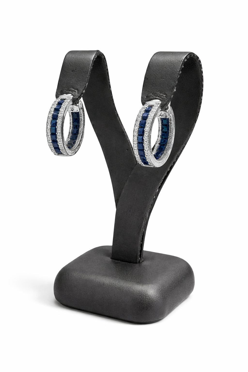 Inside Out 14k White Gold Hoop Earrings with Baguette Blue Sapphires, Round Natural Diamonds