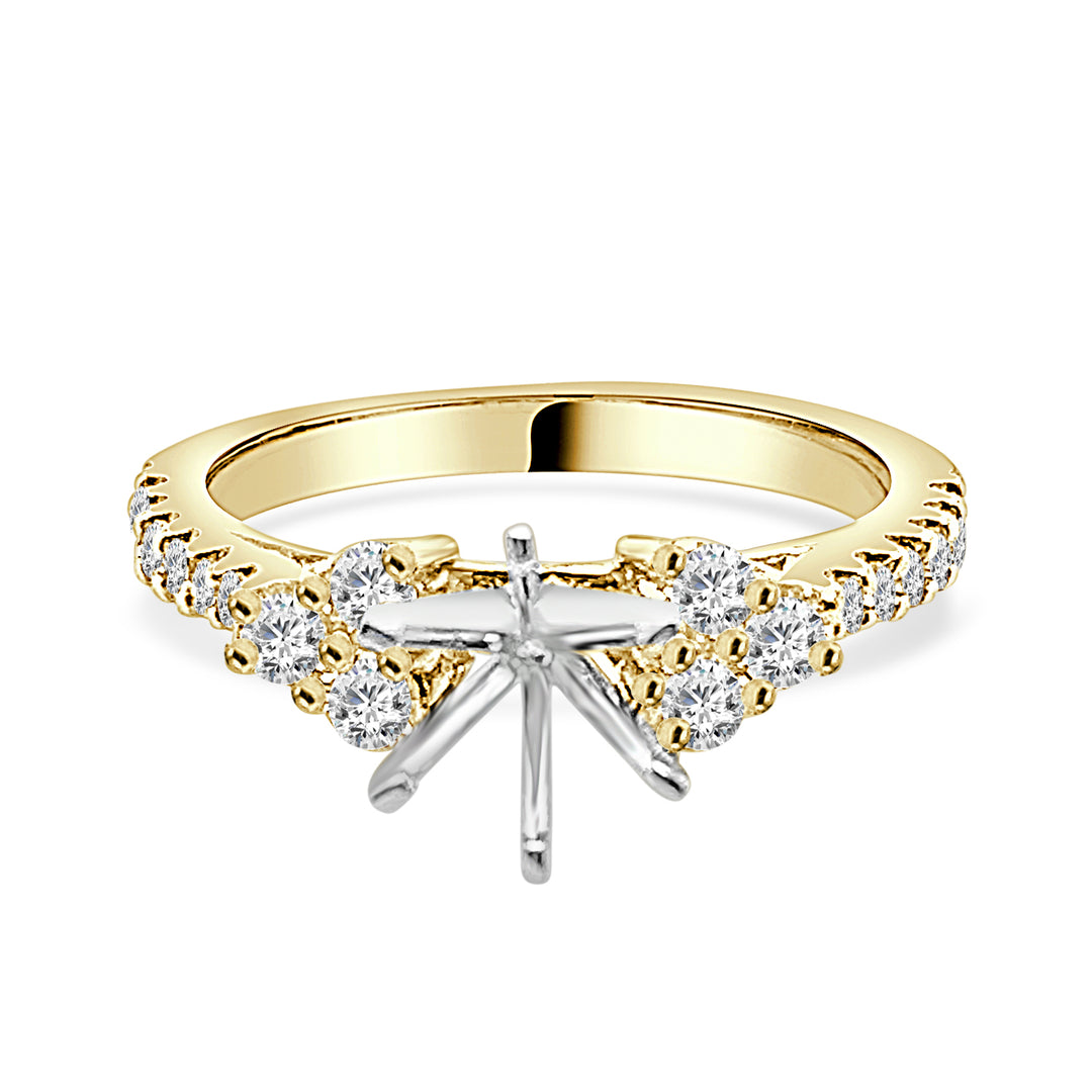 Vintage Elegance: 14 Karat Yellow Gold Three Stone Side Accent Engagement Mounting with Natural Diamonds