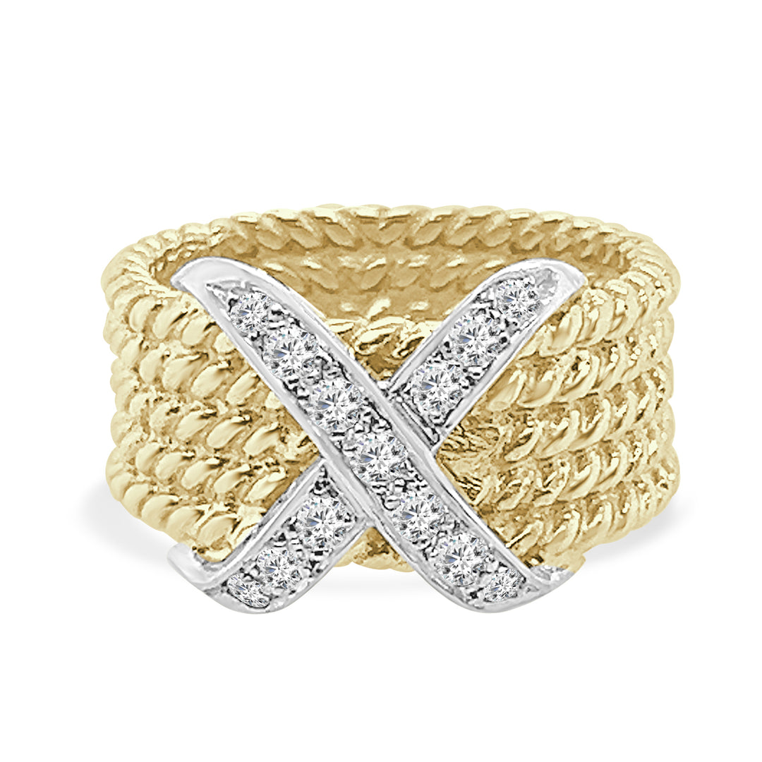 18 Karat Yellow Gold Woven Diamond X Ring with Natural Diamonds