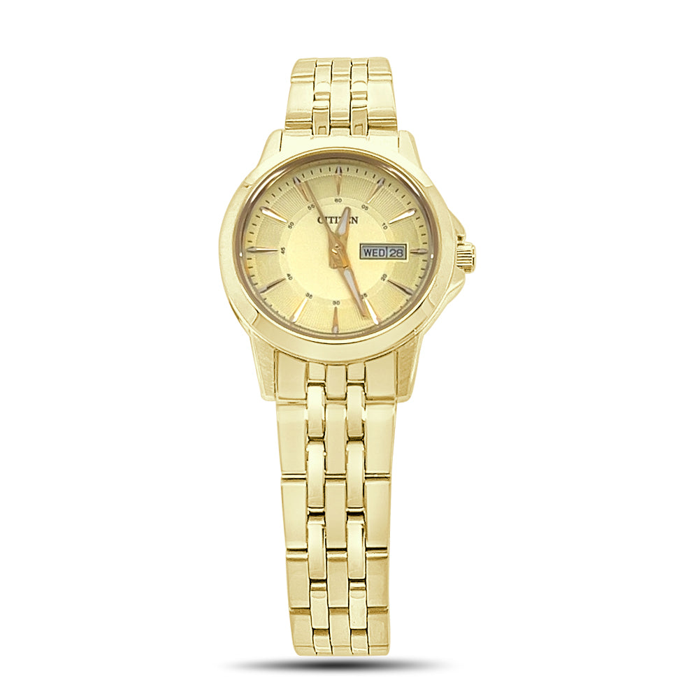 Citizen Ladies Day Date Quartz Gold Dial Stainless Steel Watch