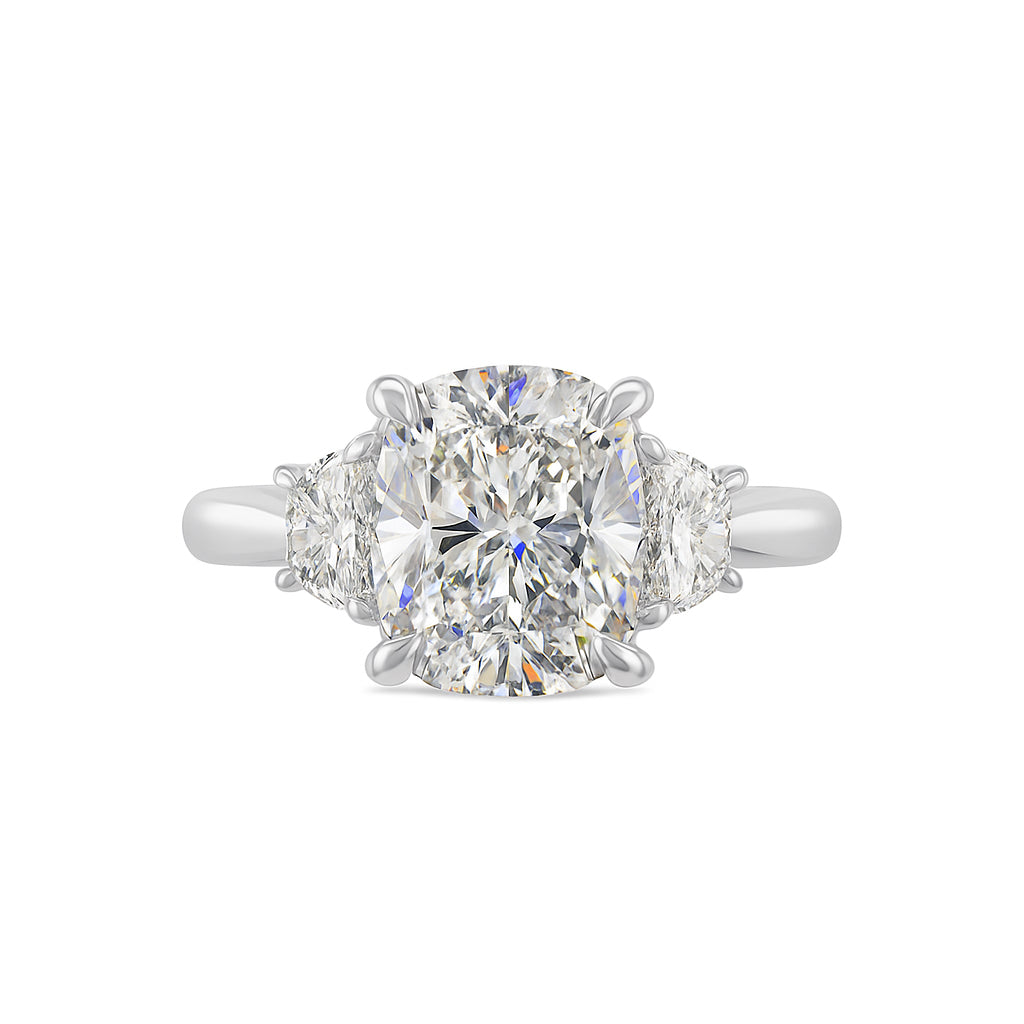 Elongated Cushion Half Moon 3 Stone Lab Diamond Engagement Ring in 14K White Gold - 3.79 Carats