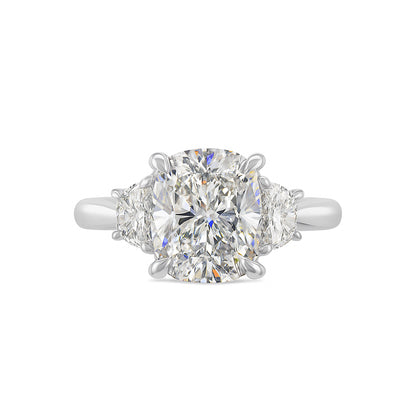 Elongated Cushion Half Moon 3 Stone Lab Diamond Engagement Ring in 14K White Gold - 3.79 Carats