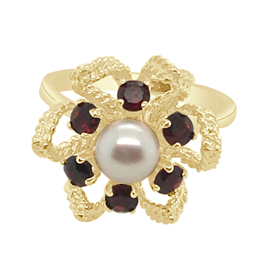 Vintage Estate Flower Ring in 14 Karat Yellow Gold with Pear-Shaped Pearl Accent