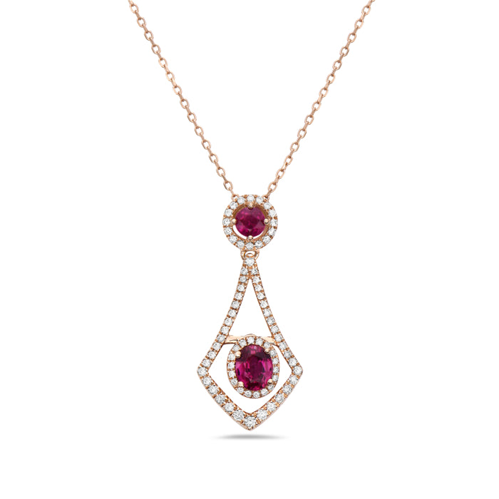 Ruby Geometric Halo Drop Necklace with 14k Chain, 18 Karat Yellow Gold