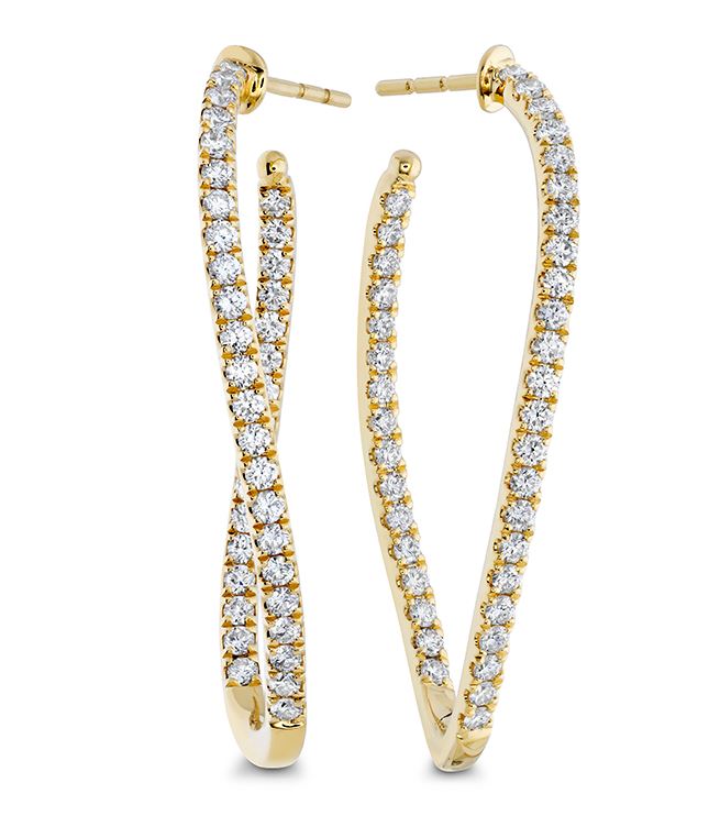 18K Yellow Gold Twist Hoop Earrings with Shared Prong Natural Diamonds