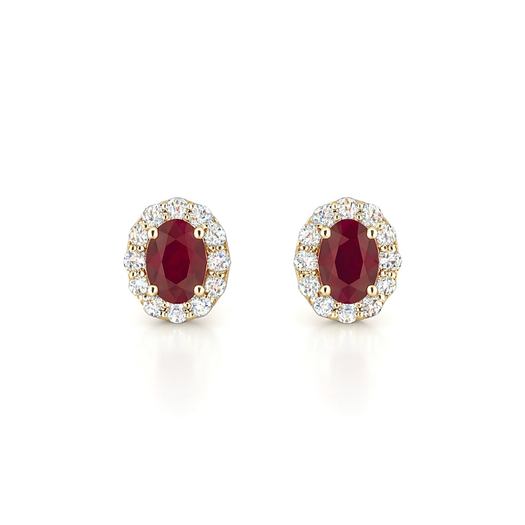 14 Karat White Gold Ruby Oval Halo Stud Earrings (1.20 ct)