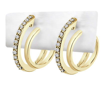 10K Yellow Gold Double Hoop Earrings with Natural Diamond Accent - Round Shape, 0.20 Carat