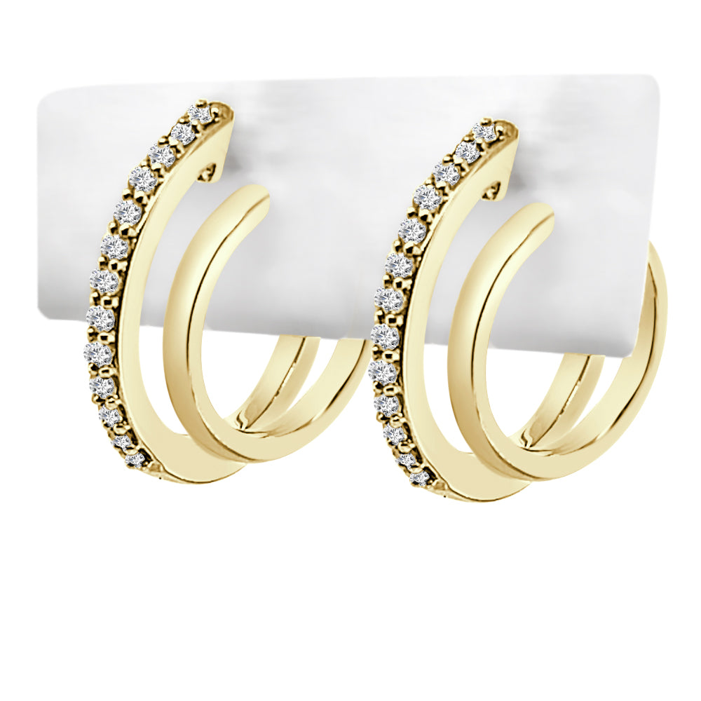 Dazzling 10K Yellow Gold Double Hoop Earrings with Natural 0.20 Carat Round Diamond - High Polish Finish