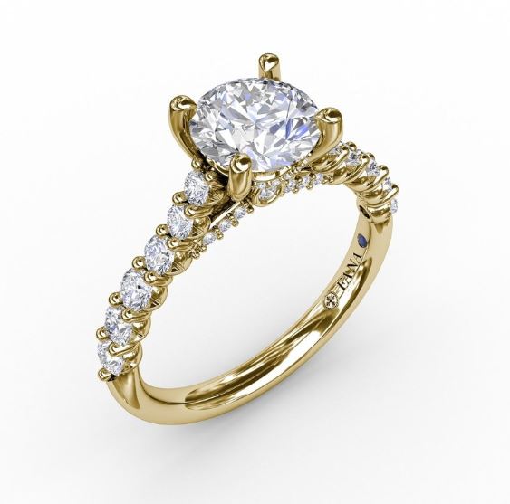 14 Karat Yellow Gold Shared Prong Engagement Ring Mounting with Cubic Zirconia