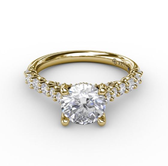 14 Karat Yellow Gold Shared Prong Engagement Ring Mounting with Cubic Zirconia