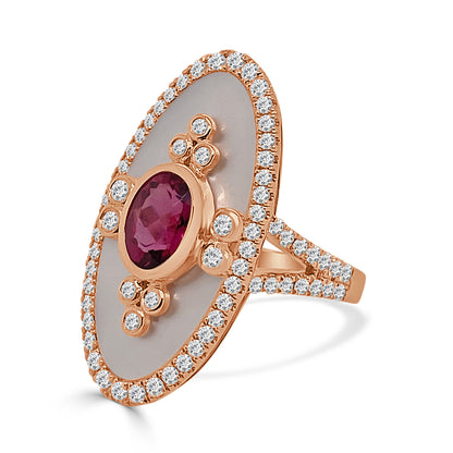 18 Karat Rose Gold Mother of Pearl Coctail Ring with Rubellite - 1.09 Carat