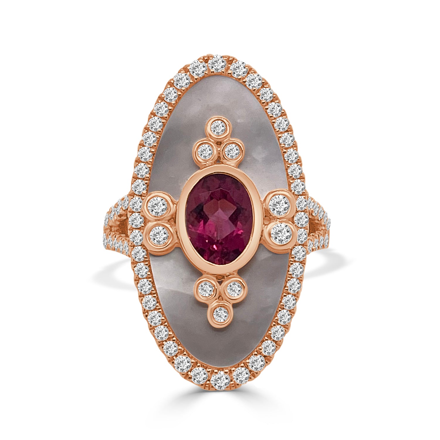 18 Karat Rose Gold Mother of Pearl Coctail Ring with Rubellite - 1.09 Carat