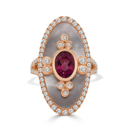 18 Karat Rose Gold Mother of Pearl Coctail Ring with Rubellite - 1.09 Carat