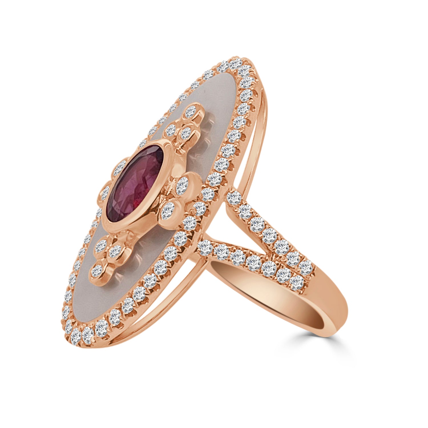18 Karat Rose Gold Mother of Pearl Coctail Ring with Rubellite - 1.09 Carat